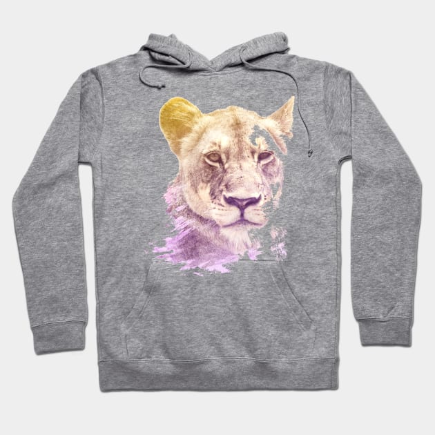 Lioness Superimposed Watercolor Hoodie by deificusArt